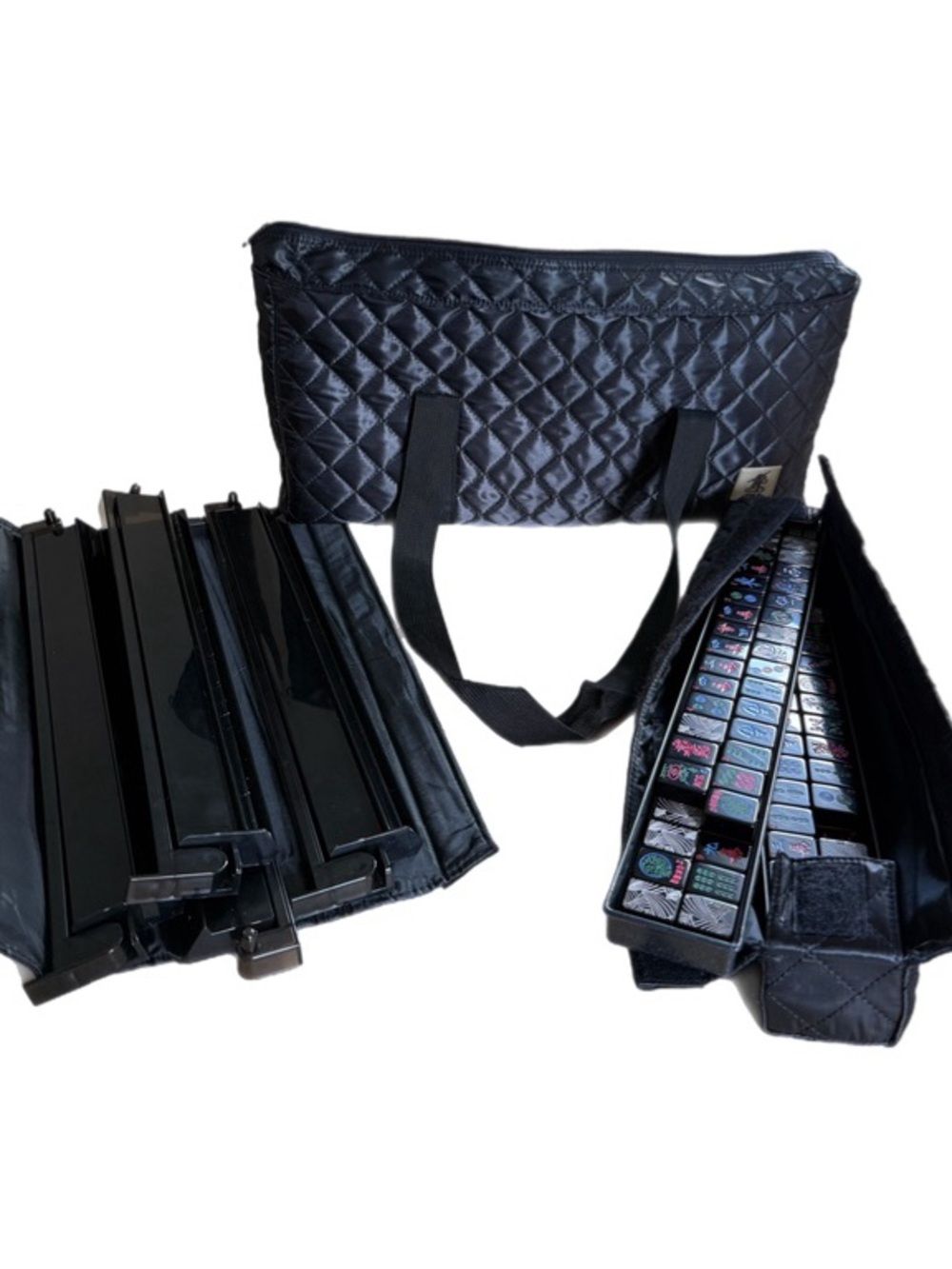 Black Art Deco American Mahjong Set Tiles Racks Pushers Bag Complete - Picture 7 of 11